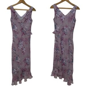 VTG 90s Y2K Purple Floral Rayon Summer Tank Dress w Asymmetrical Ruffle Skirt